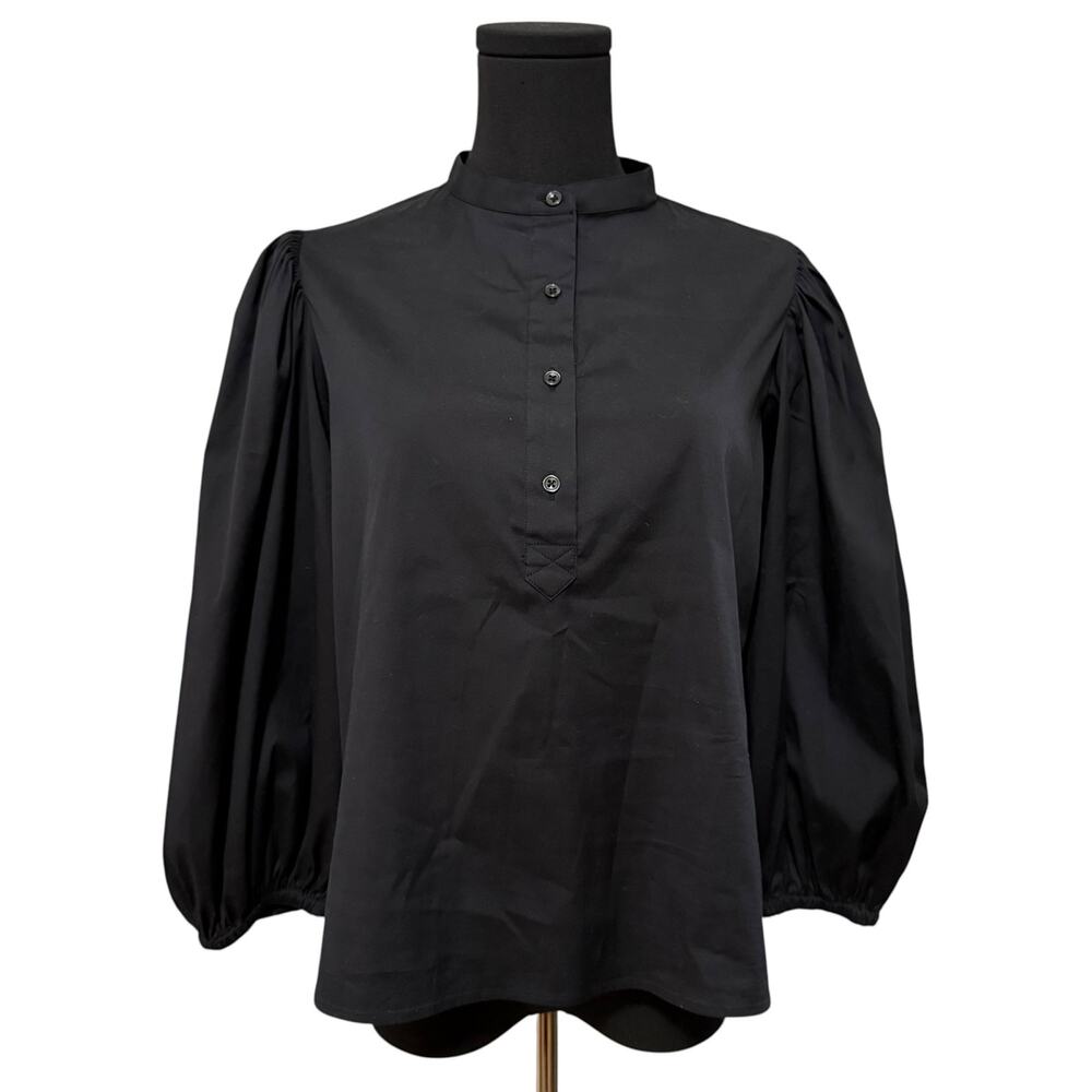 THE SHIRT Rochelle Behrens Balloon Sleeve Shirt Blouse Band Collar Black Medium